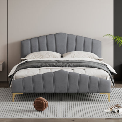 ZuZu Queen Size Velvet Platform Bed with Metal Bed Leg - Gray