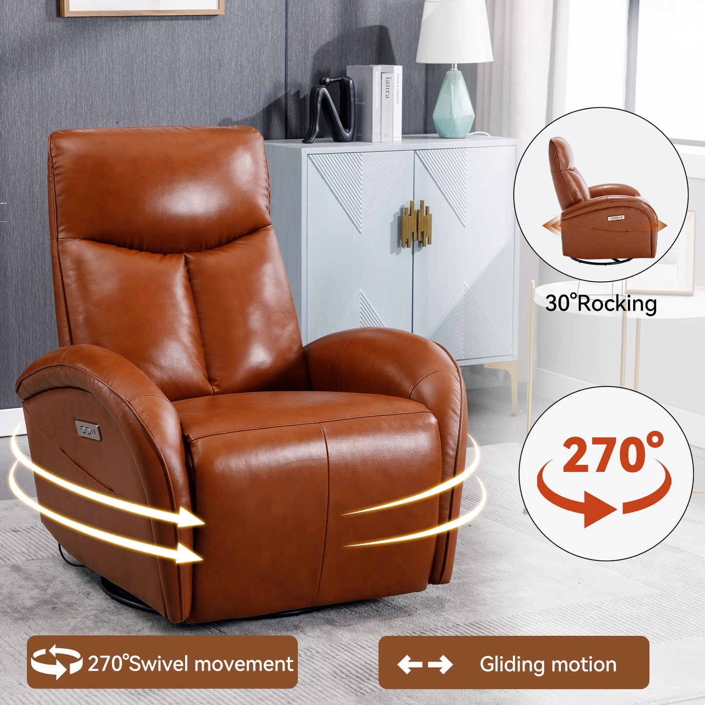 Vince Swivel and Rocker Power Recliner Chair - Brown