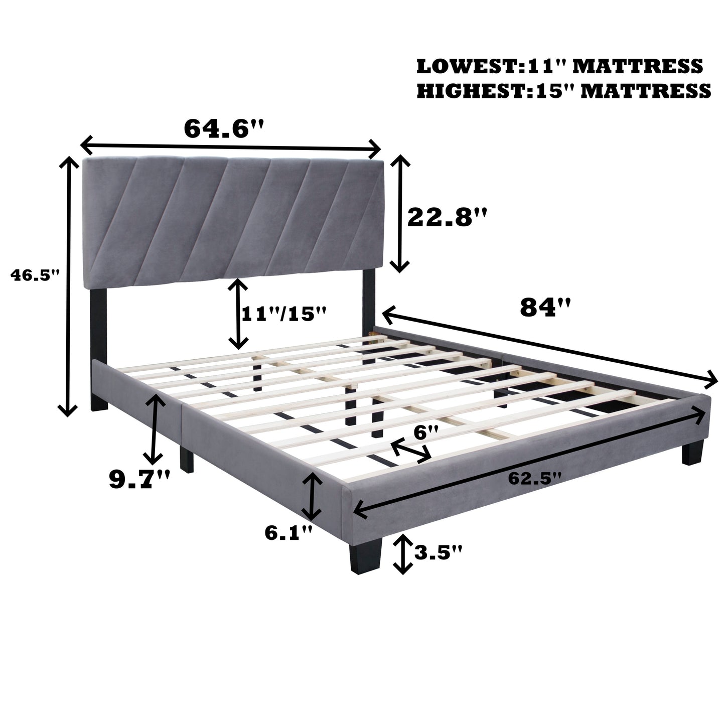 Merson Queen Size Platform Bed with Adjustable Height - Gray