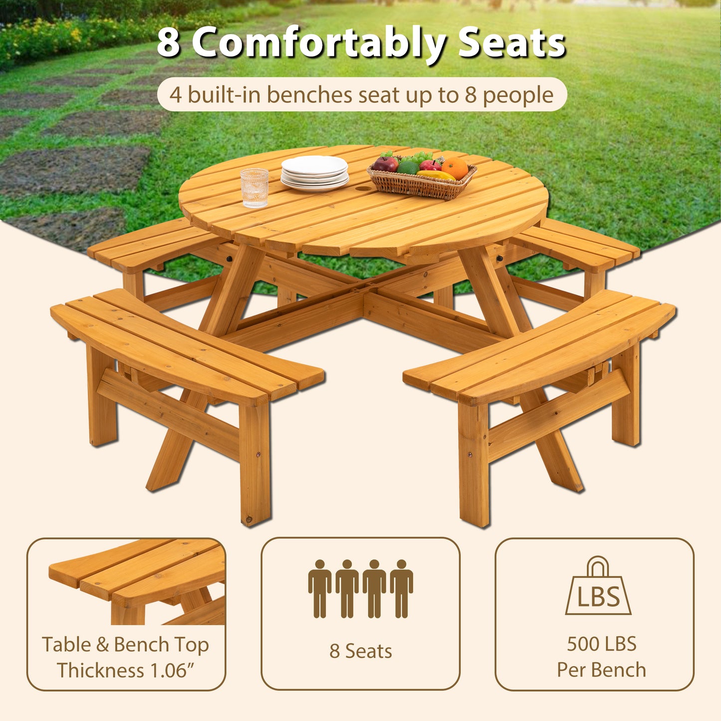 Nix 8-Person Circular Outdoor Wooden Picnic Table - Natural