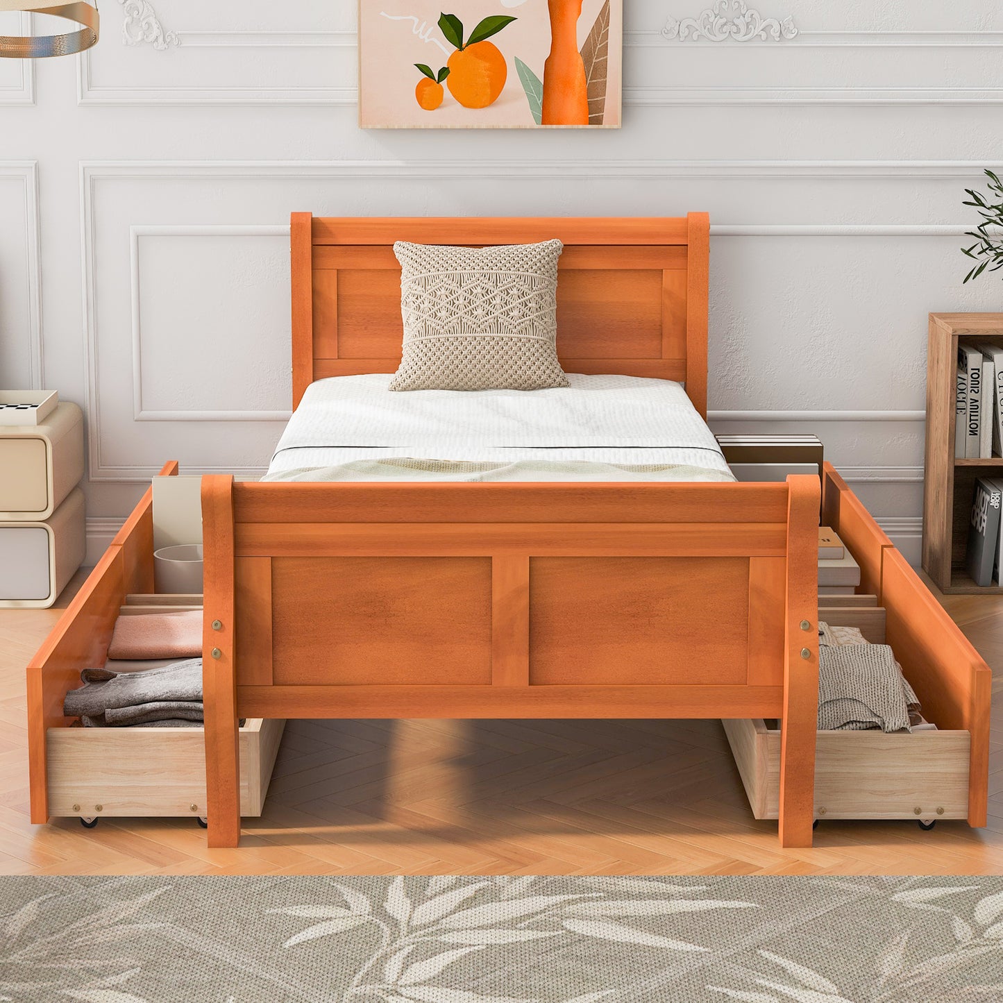 Meg Twin Size Wood Platform Bed with 4 Drawers - Oak