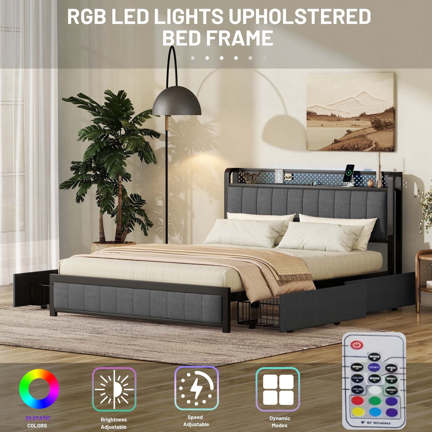 Kie Queen Size Bed Frame with LED - Dark Gray