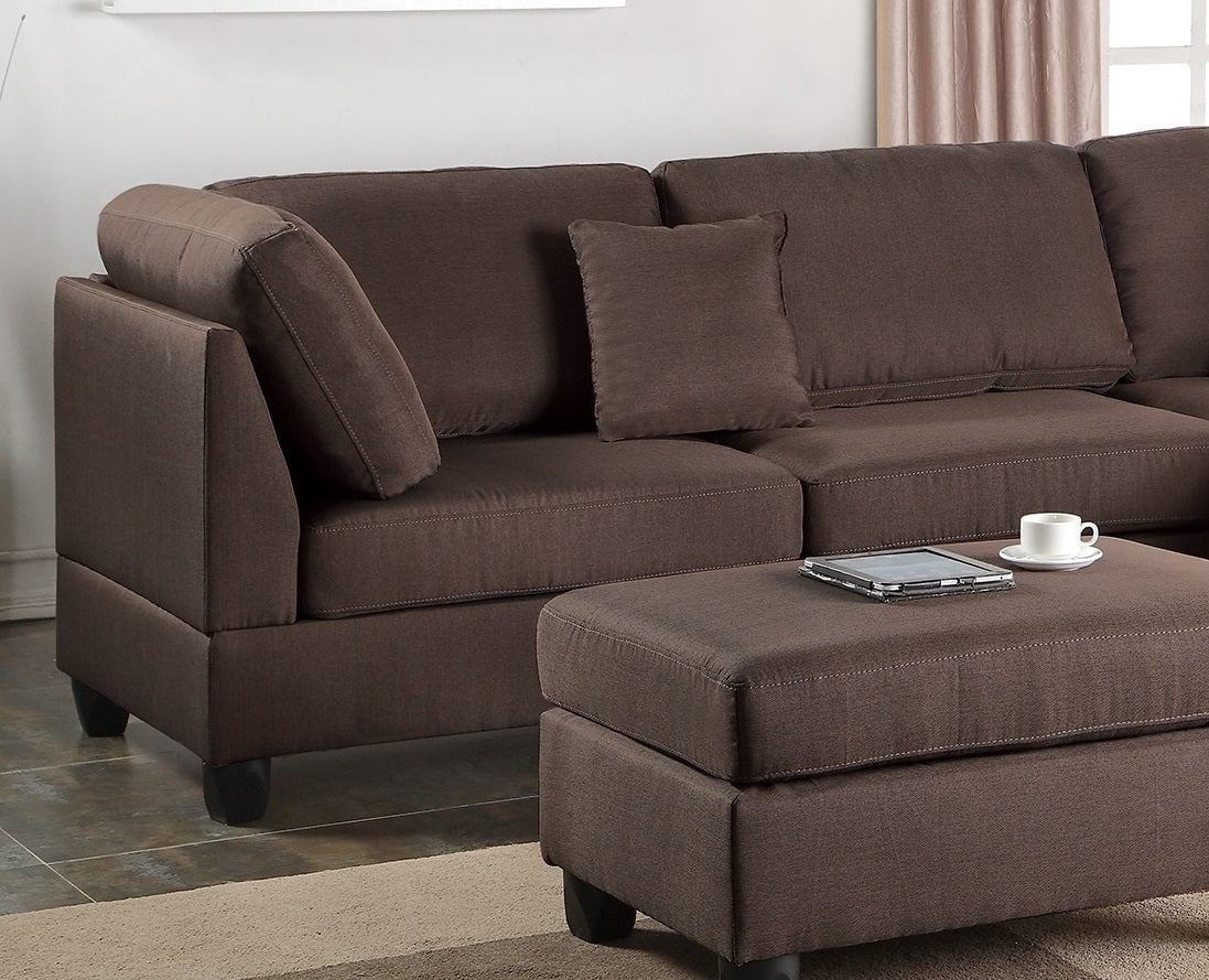 Esra 3pc Sectional Reversible Chaise Sofa And Ottoman - Chocolate