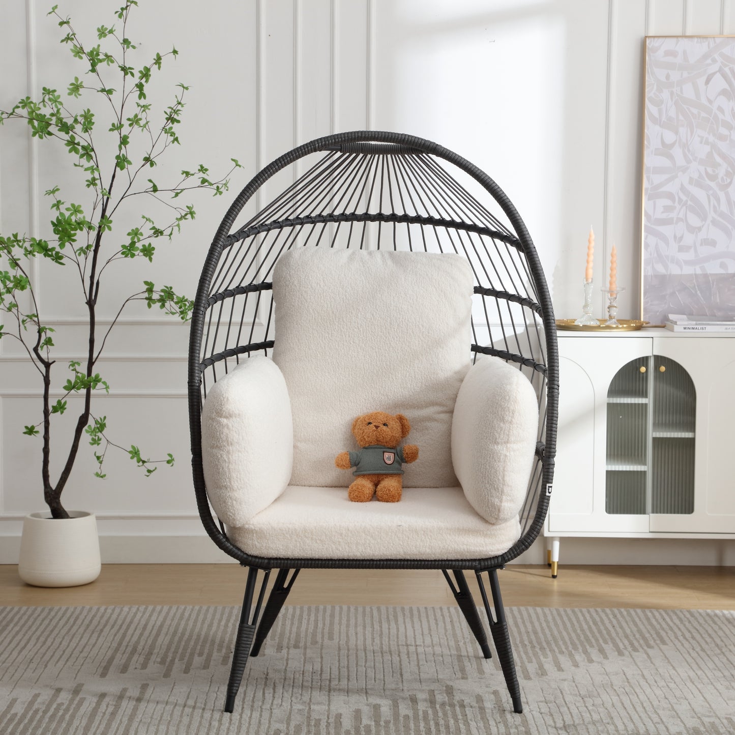 Mora Egg Wicker Outdoor Indoor Basket Chair - White Teddy