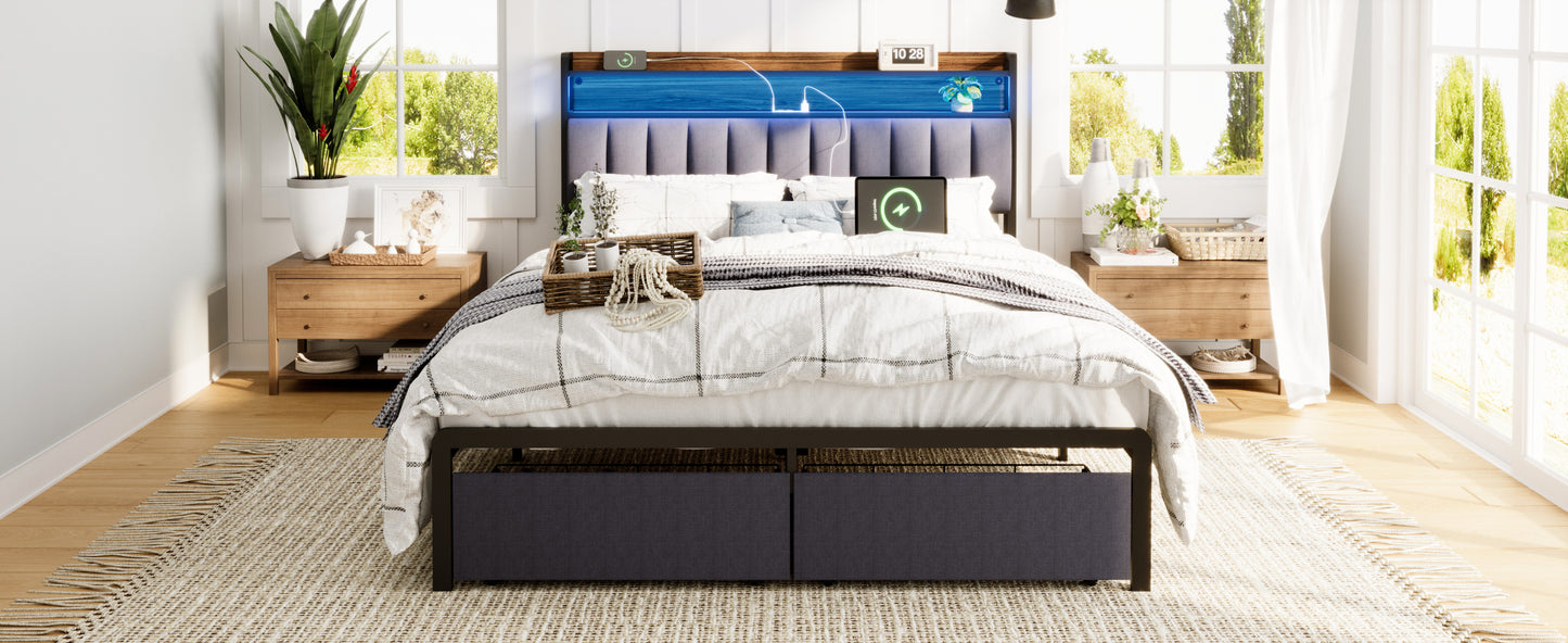 Zinya Queen Size LED Storage Bed - Gray