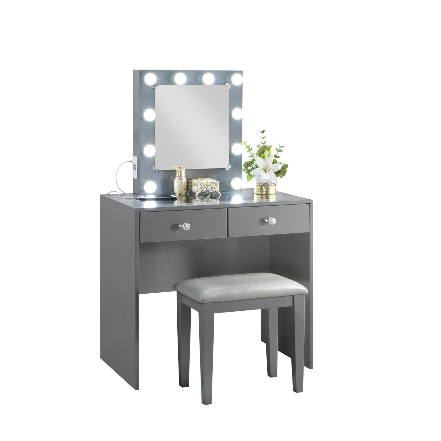 Skyla Makeup Vanity and Stool Set with 10 Lights - Gray