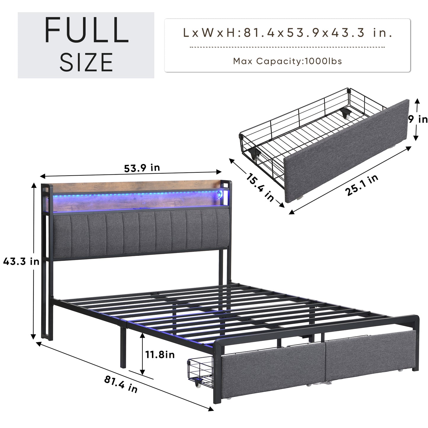 Zinya Full Size LED Storage Bed - Gray