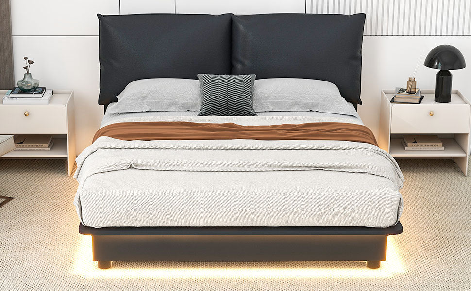 Veda Queen Size Upholstered Platform Bed with Sensor Light - Black