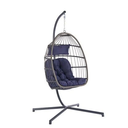 Feji Outdoor Rattan Egg Swing Chair with Stand - Dark Blue