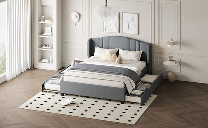 Mali Queen Size Platform Bed with Wingback Headboard - Gray