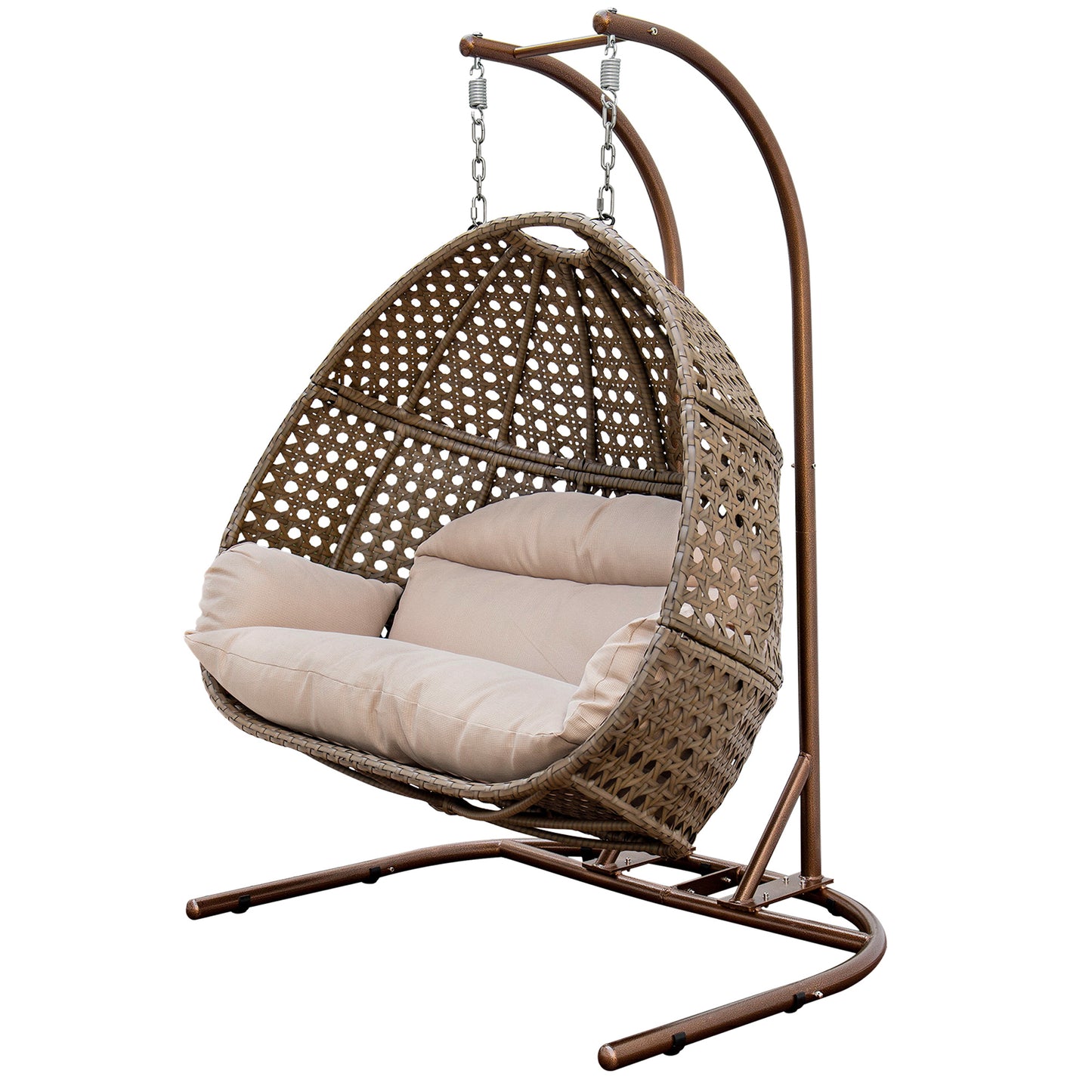 Renata Double-Seat Swing Chair with Stand and Cushion - Brown+Beige