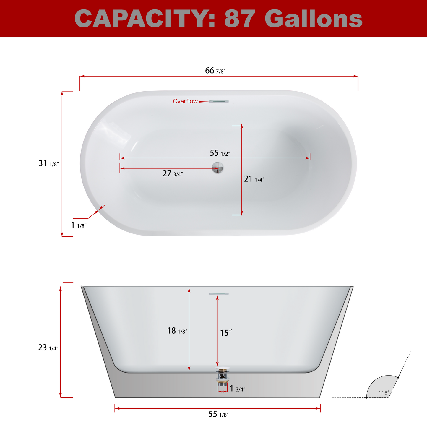 Milian 67" High-Gloss Acrylic Freestanding Soaking Bathtub - White