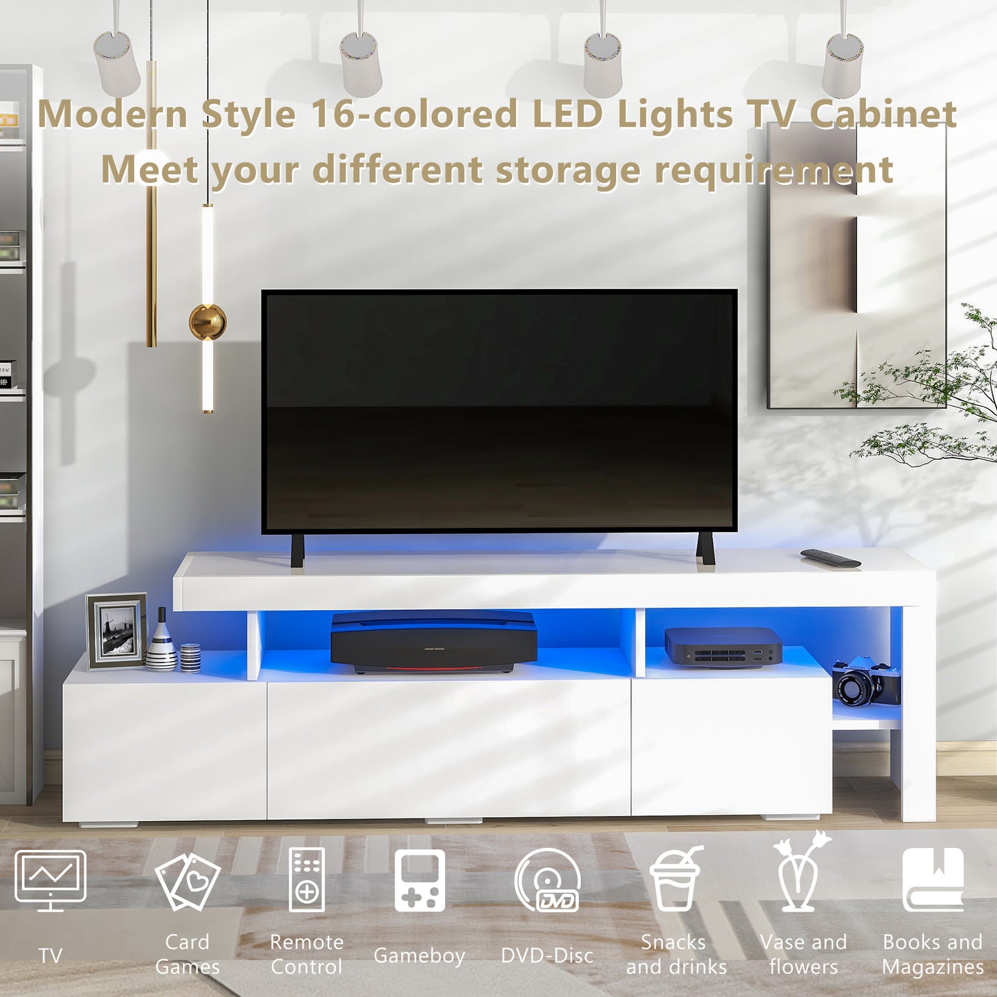 Lancer Modern Style LED Lights TV Cabinet - White