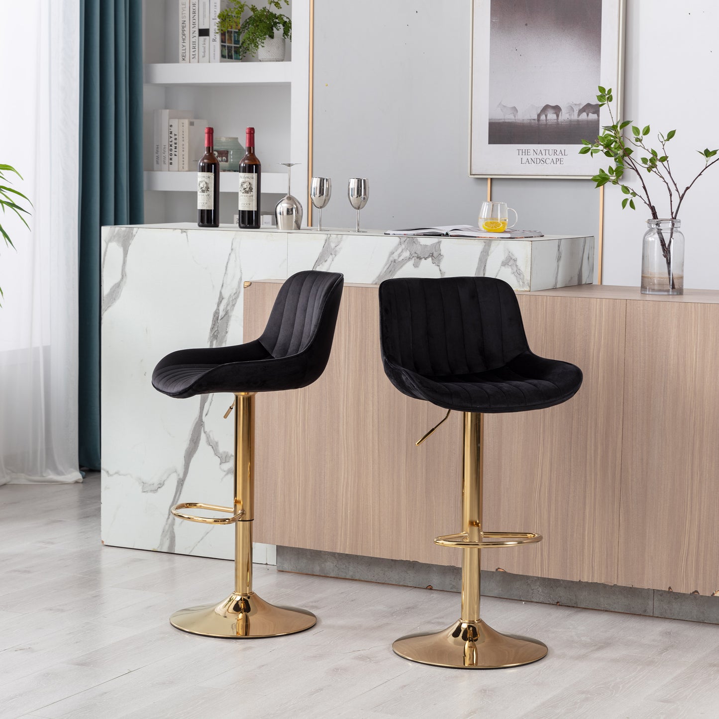 Stramline Adjustable Velvet + Golden Leg Bar Stool - Black Set of 2