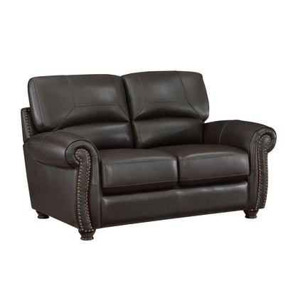 Mata Leather Loveseat Rolled Arms Nailhead Trim - Dark Brown