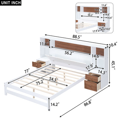 Jo Full Size Platform Bed w Storage Headboard and Drawers - White