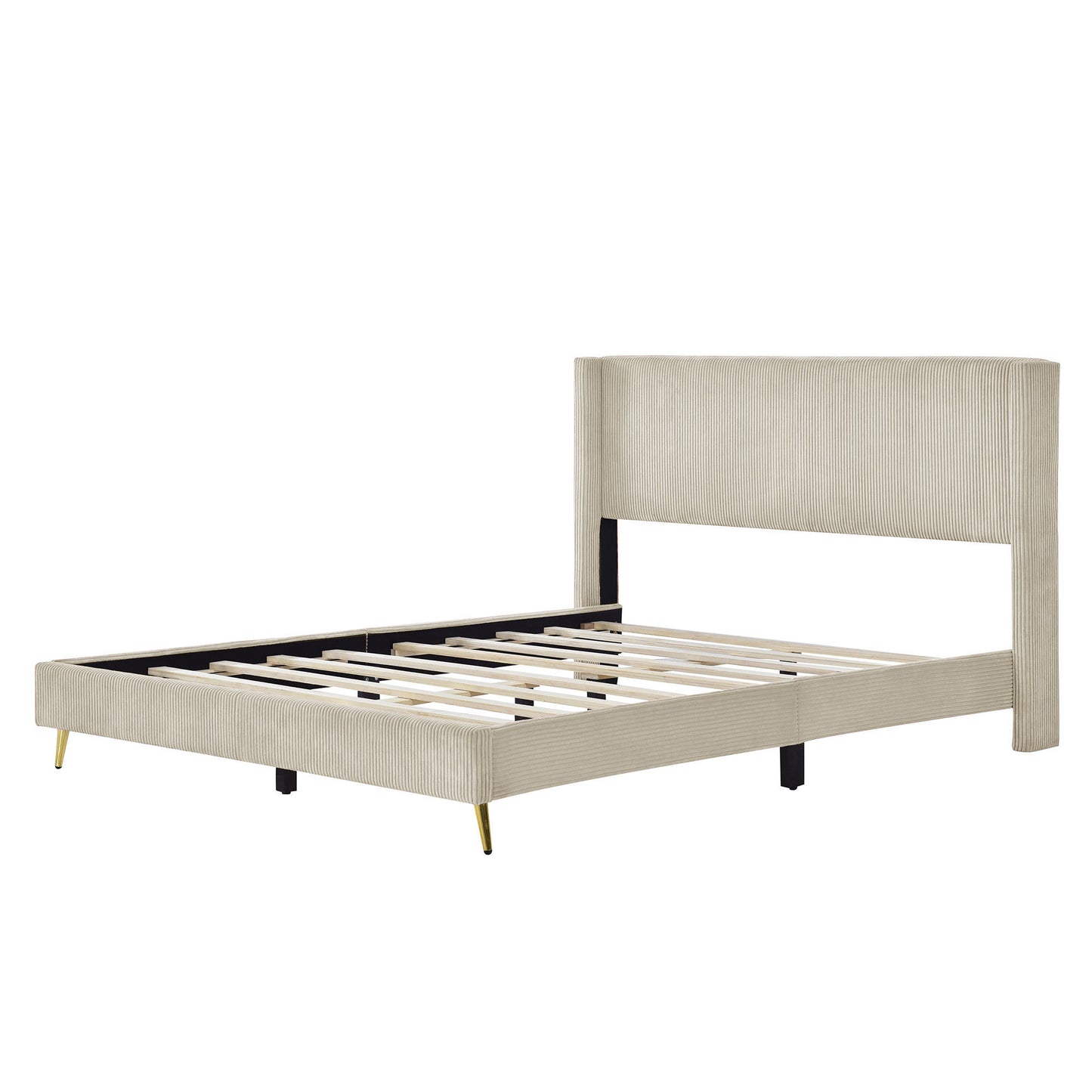 Queen Size Corduroy Platform Bed with Metal Legs - Beige