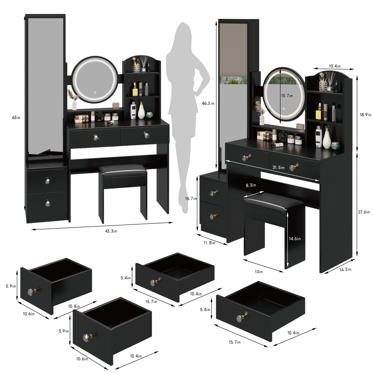 Kiara Makeup Vanity Desk Set - Black