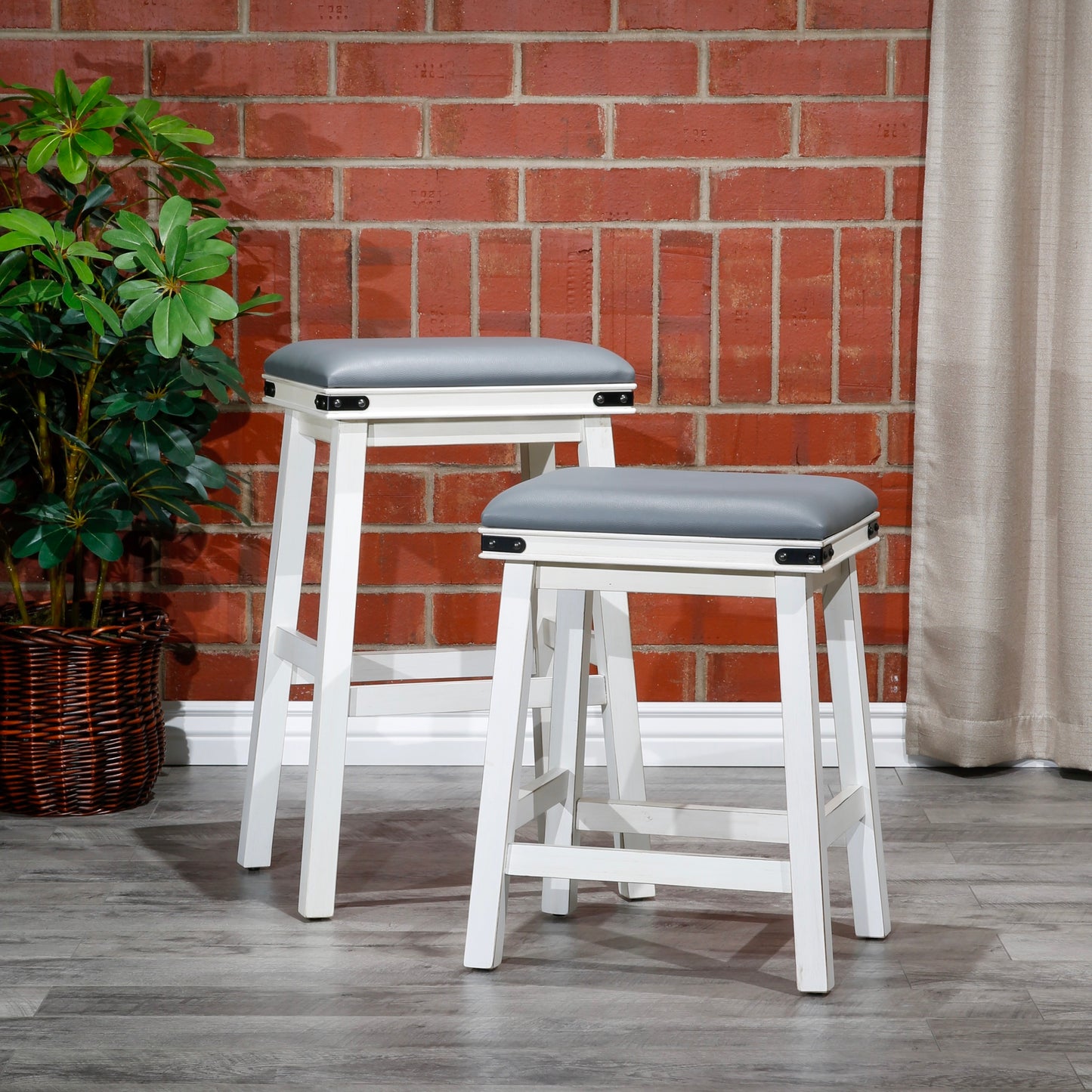 Flat Counter Stool, Antique White, Gray Leather Seat