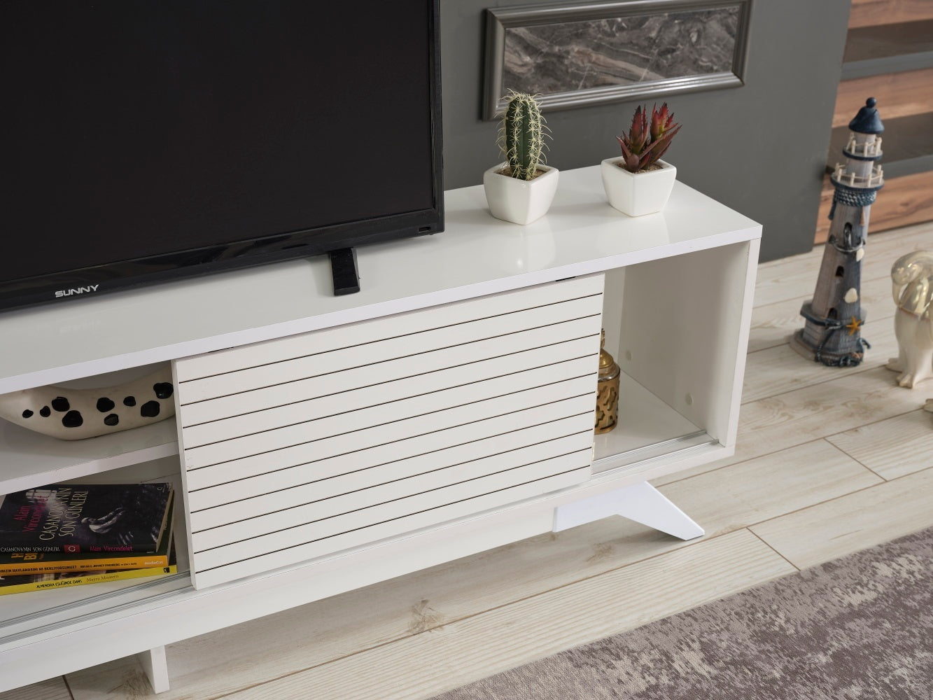 Luxia Mid Century Modern TV Stand 2 Sliding Door- White