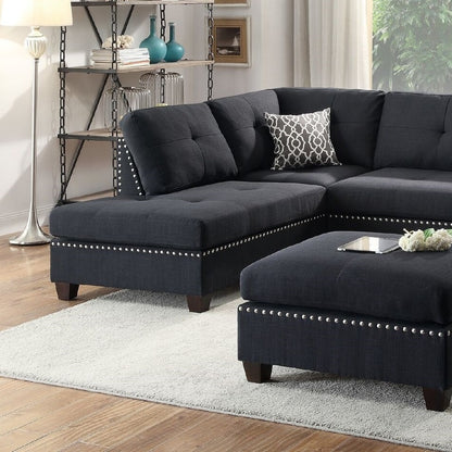 Surya 3pc Sectional Sofa Polyfiber Cushion Sofa Chaise Ottoman Reversible Couch Pillows - Black