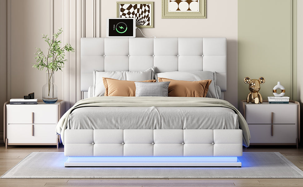 Luxury Dream Queen Bed with Smart Storage and LED Illumination - White