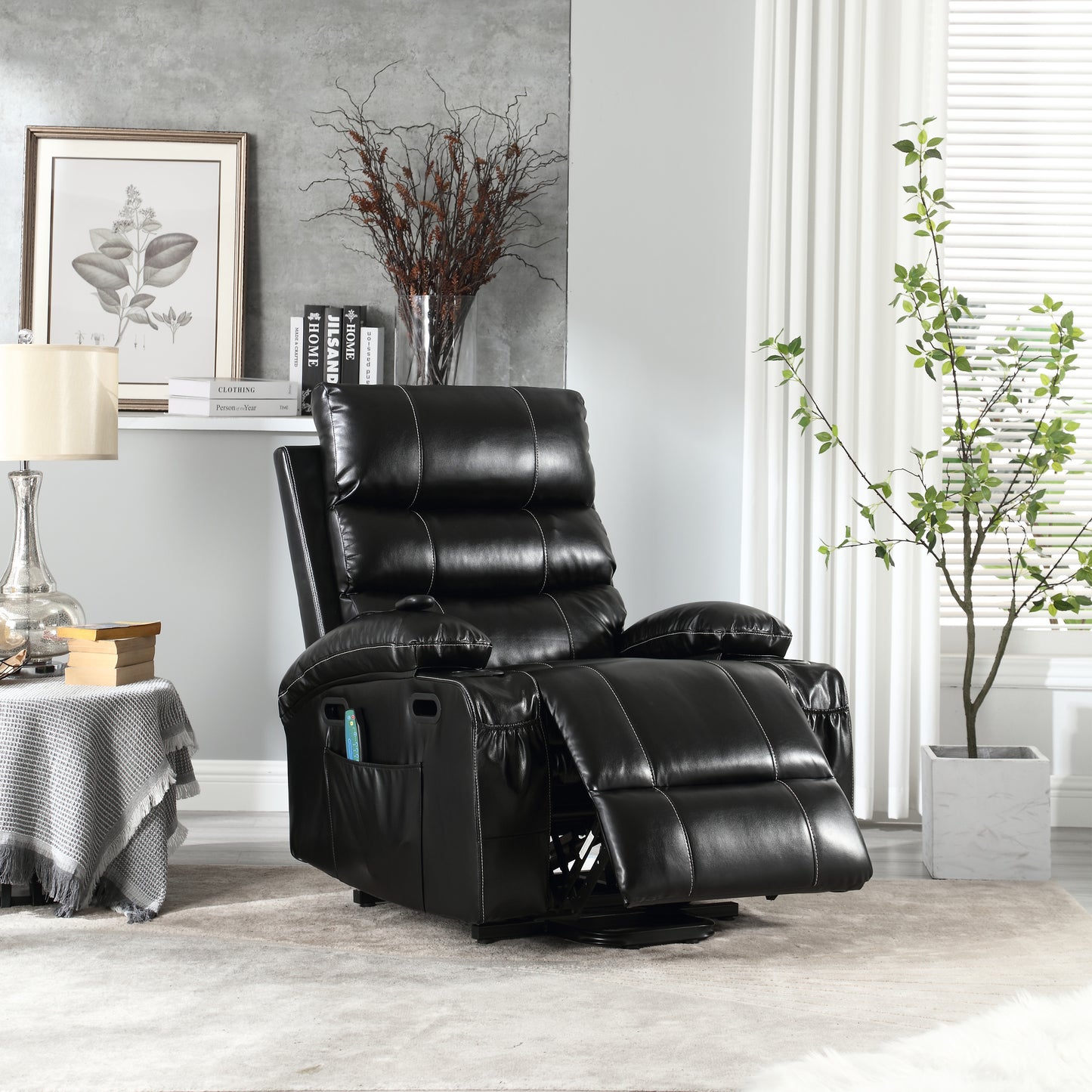 Elias Large Power Lift Recliner Chair with Massage - Black