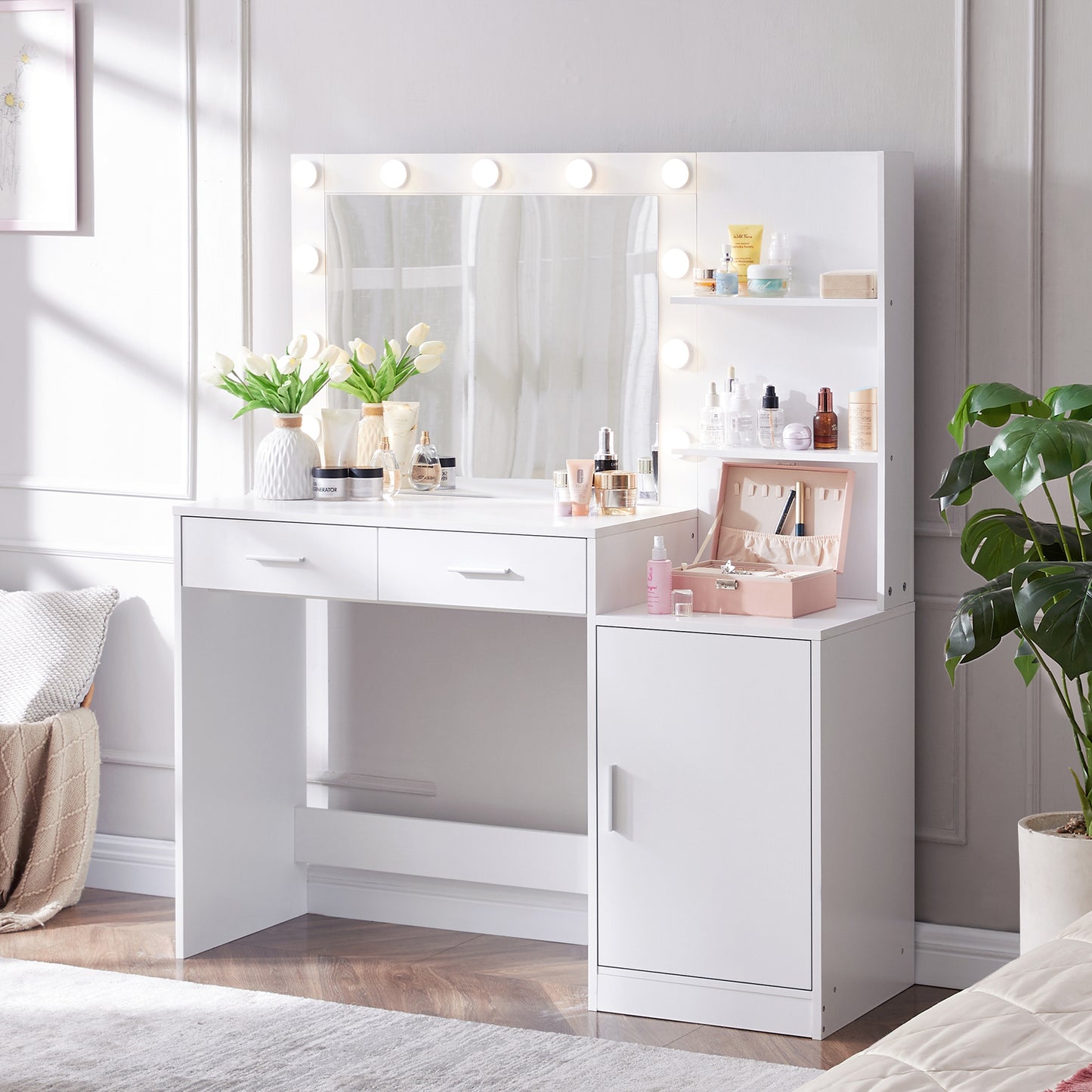 Melanie Vanity Desk with Mirror and Lights - White