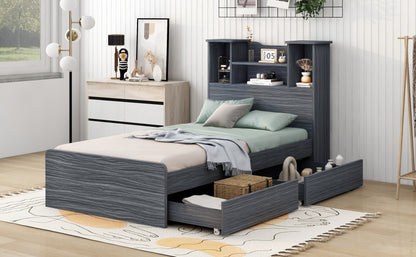 Taz Twin Size Platform Bed Frame with 4 Open Storage Shelves - Gray