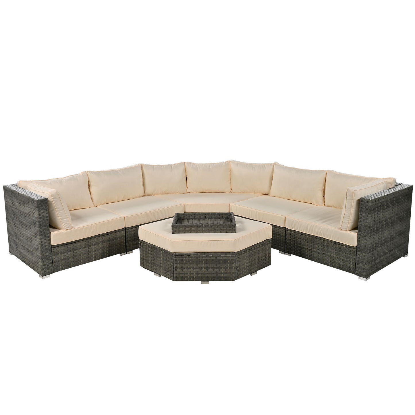 Keva 6 Pc Outdoor Rattan Wicker Half-Moon Sectional Sofa Set - Beige