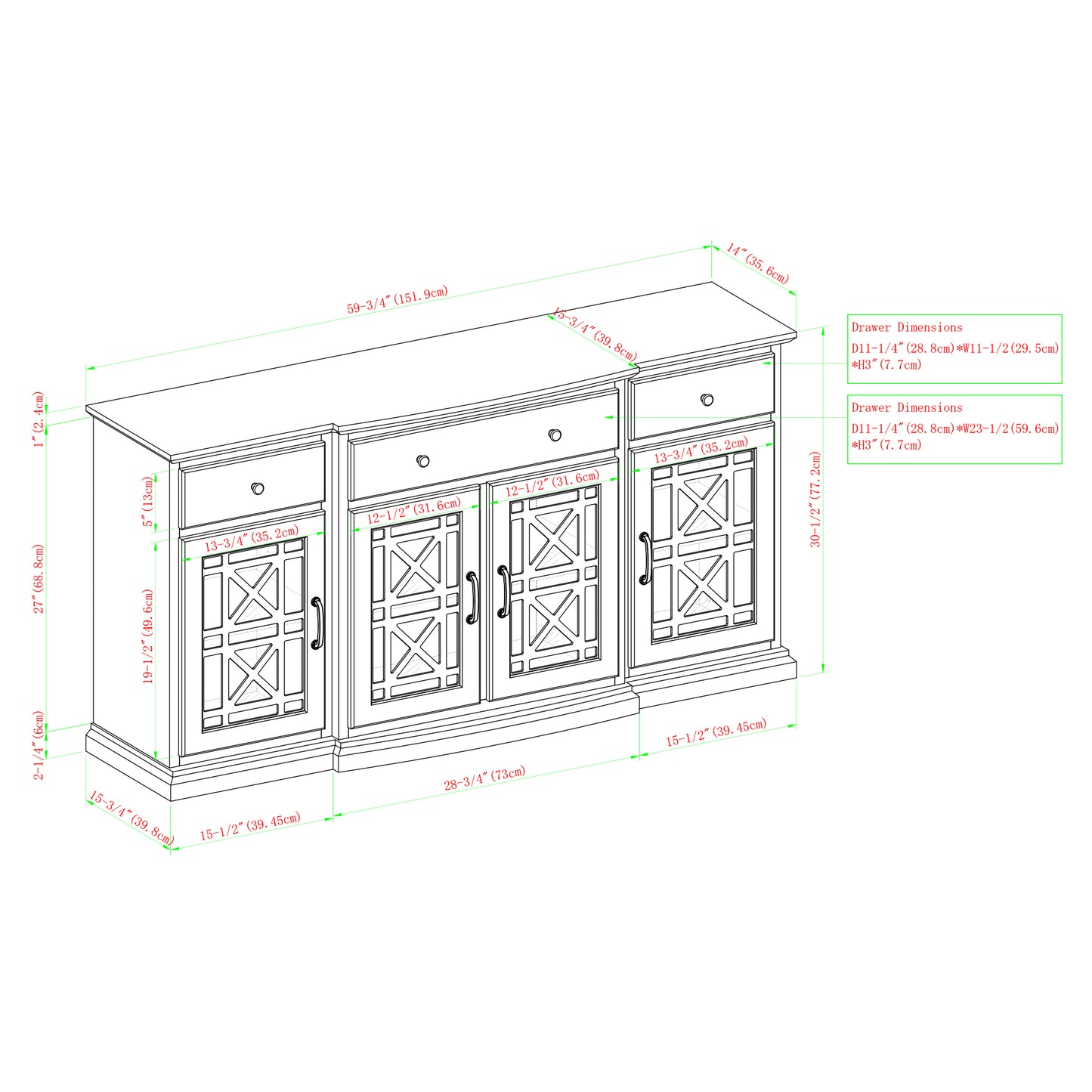 Classic Fretwork Detailed Glass-Door Sideboard - Black