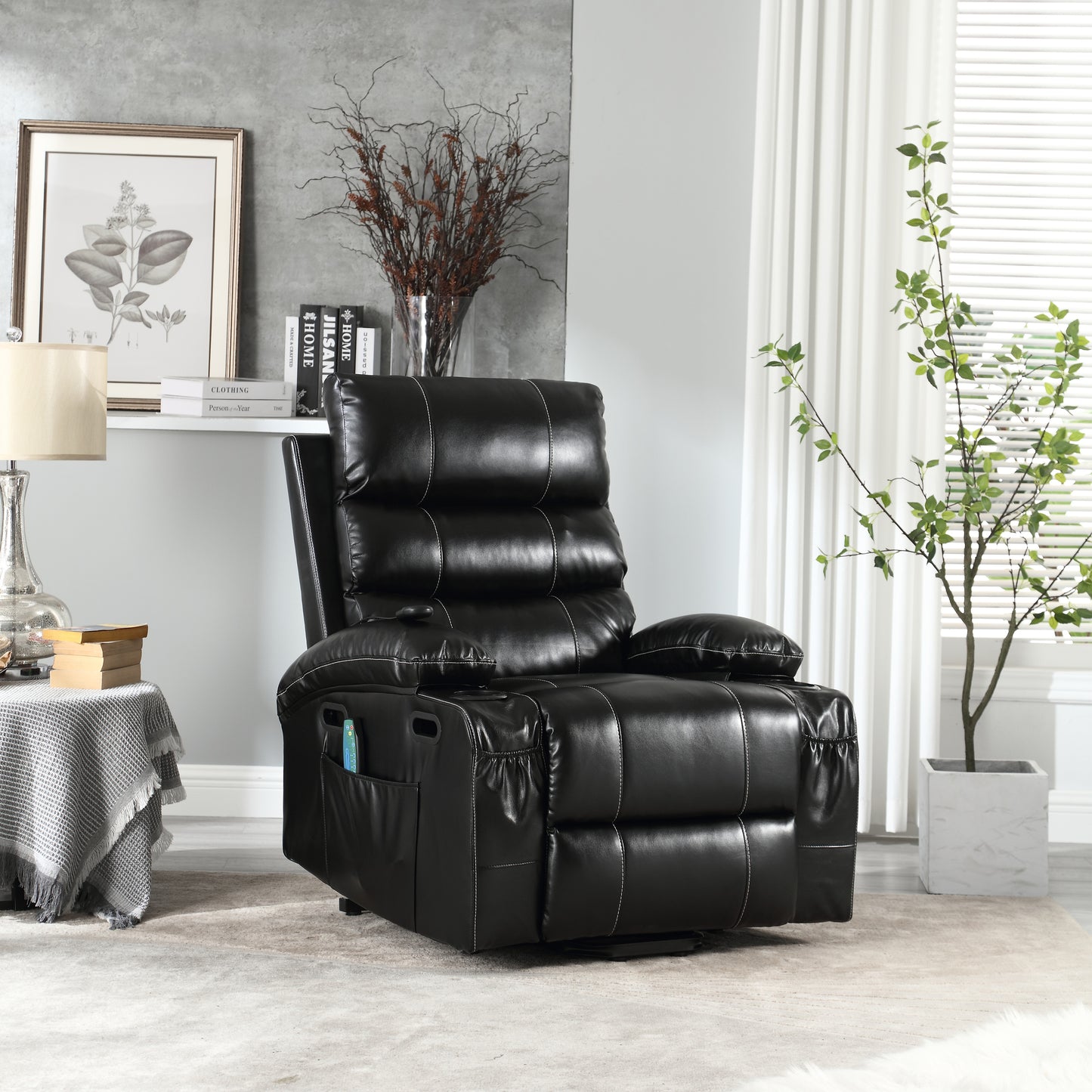 Elias Large Power Lift Recliner Chair with Massage - Black