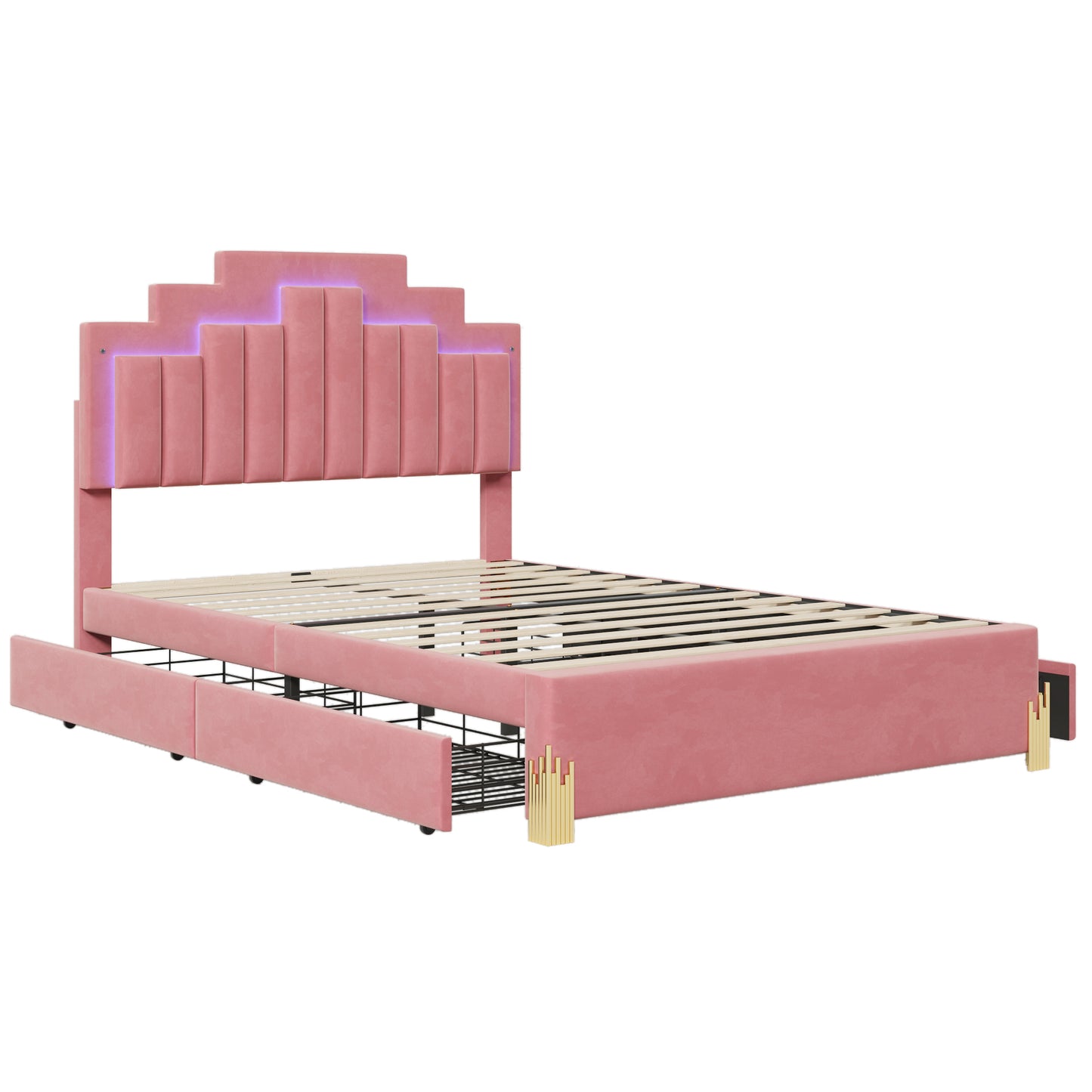 Neco Full Size Platform Bed with LED and 4 Drawers - Pink