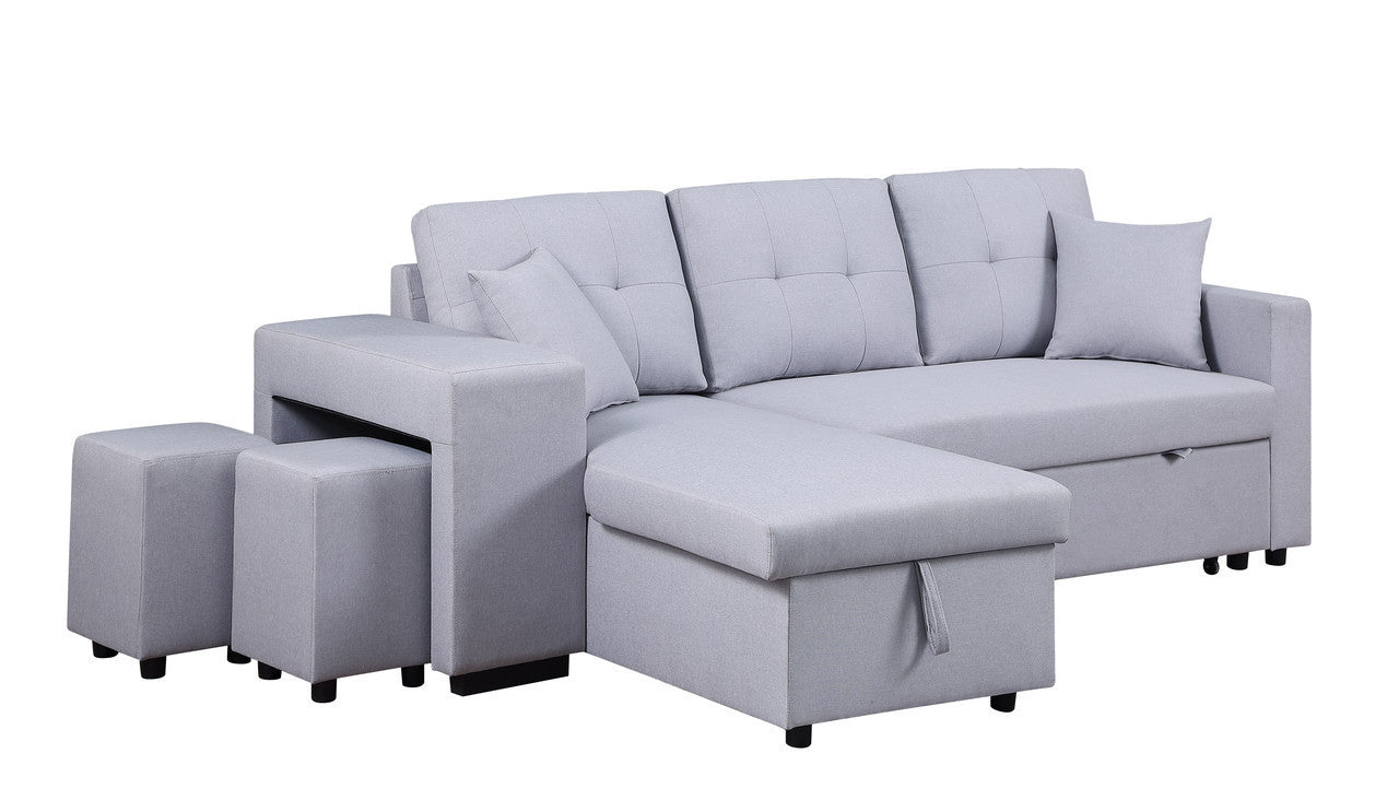 Dennis Fabric Reversible Sleeper Sectional with Storage Chaise and 2 Stools - Light Gray