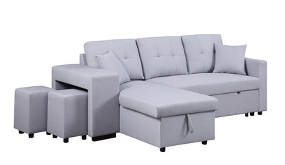 Dennis Fabric Reversible Sleeper Sectional with Storage Chaise and 2 Stools - Light Gray