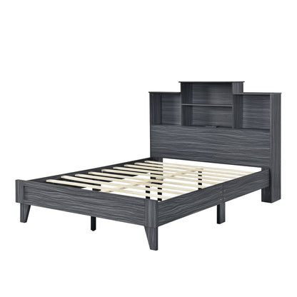 Taz Full Size Platform Bed Frame with 4 Open Storage Shelves - Gray