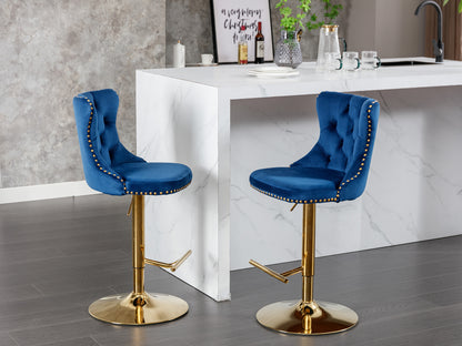 Stellar Golden Swivel Velvet Barstools Adjusatble Height - Blue  Set of 2