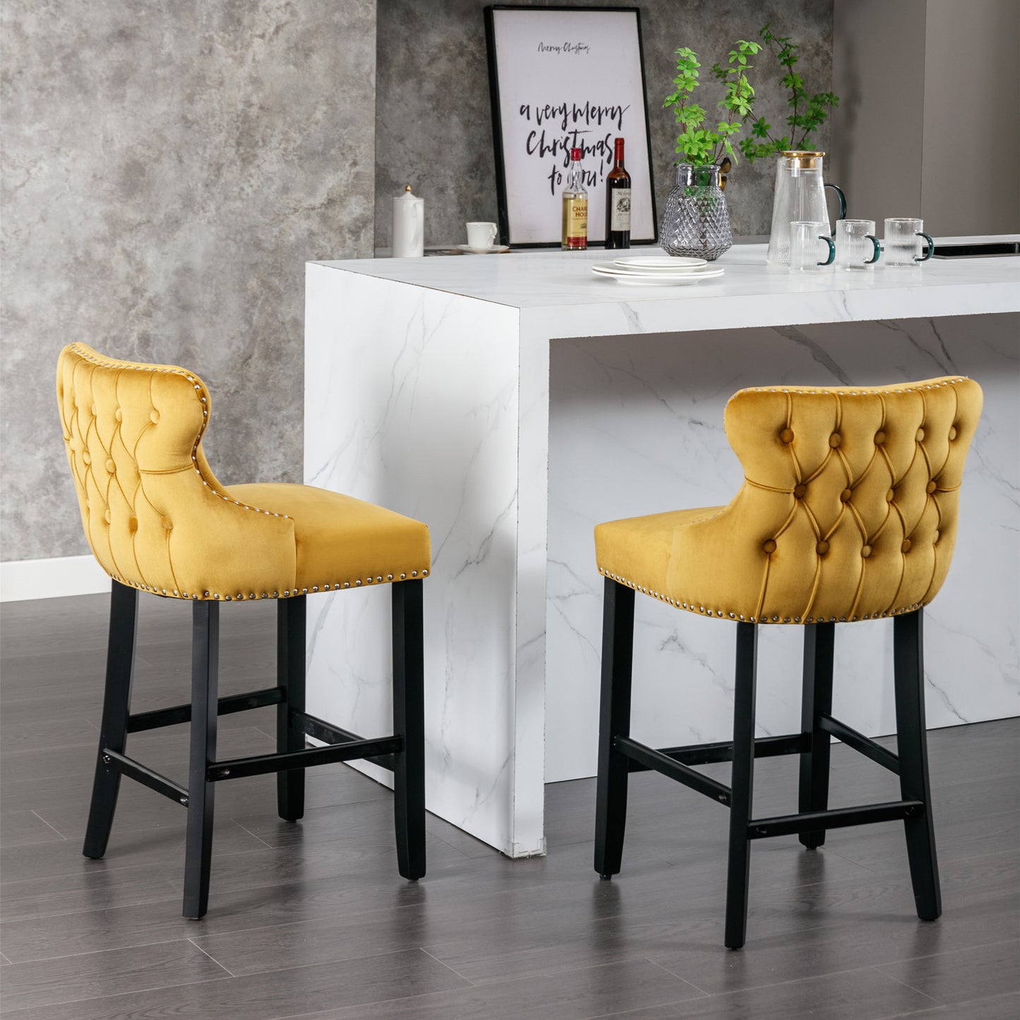 Family  Velvet Upholstered Wing-Back Bar Stools - Gold Set of 4