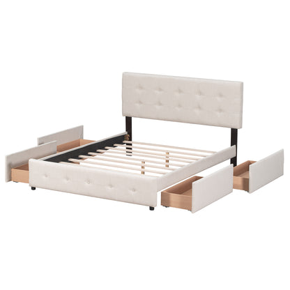 Draco Queen Size Platform Bed with 4 Drawers - Beige