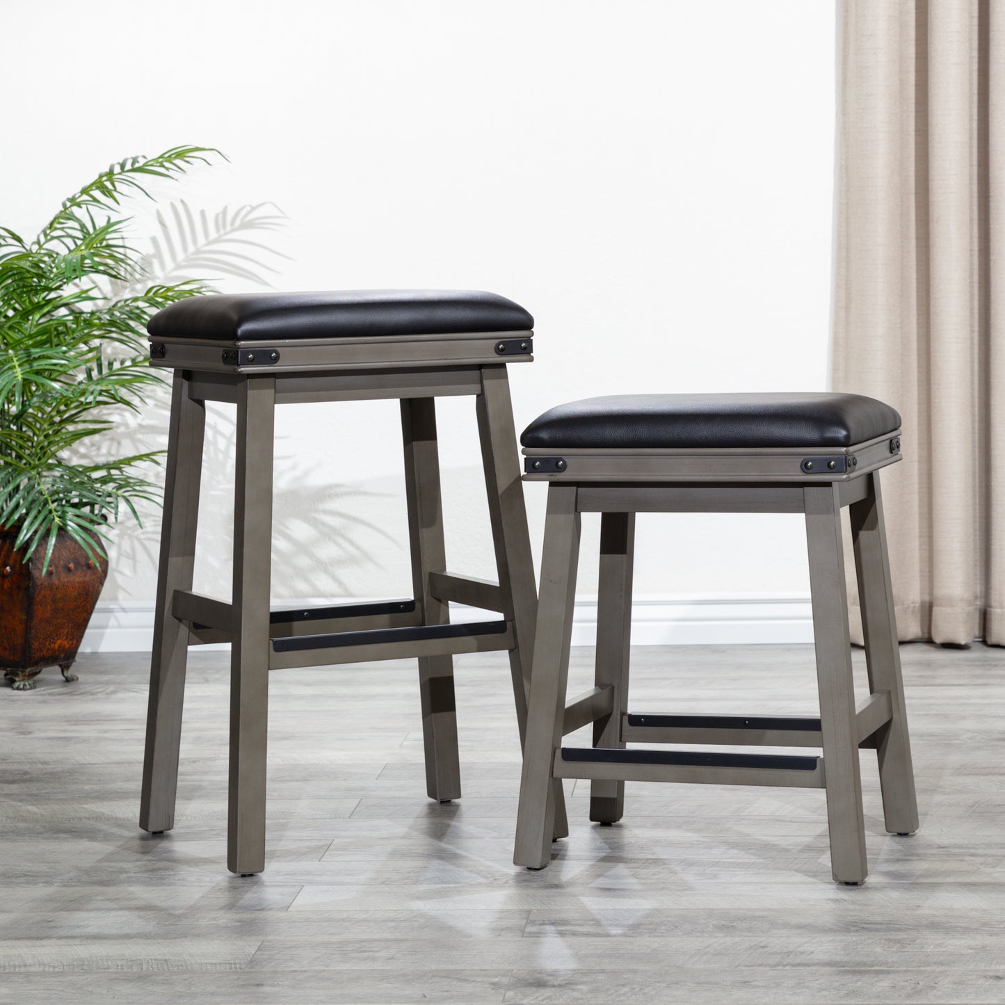 Viva Counter Stool, Weathered Gray Finish, Black Leather Seat