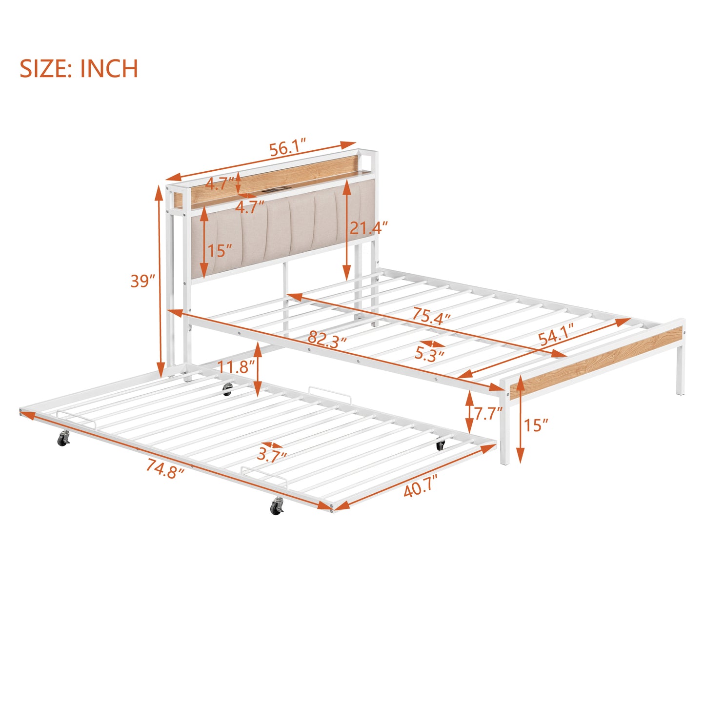 Quest Full Size Metal Platform Bed Frame with Trundle - White