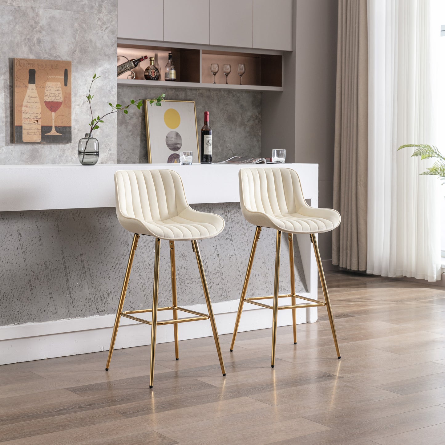 30 Inch Vista Bar Stools with Chrome Footrest  Velvet Fabric  Golden Leg - Cream  Set of 2