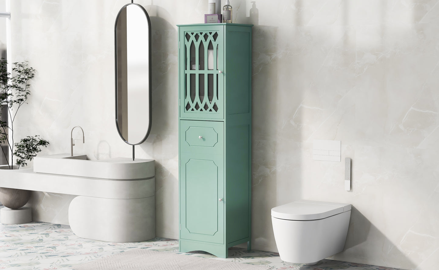 Statured Bathroom Cabinet with Drawer and Doors - Green