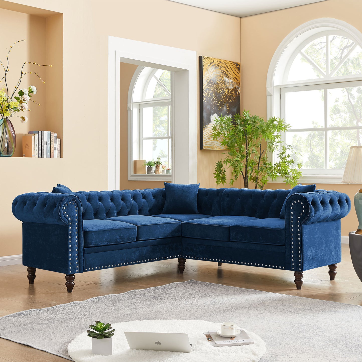 Nest Velvet Button Tufted L-shaped Sofa - Blue