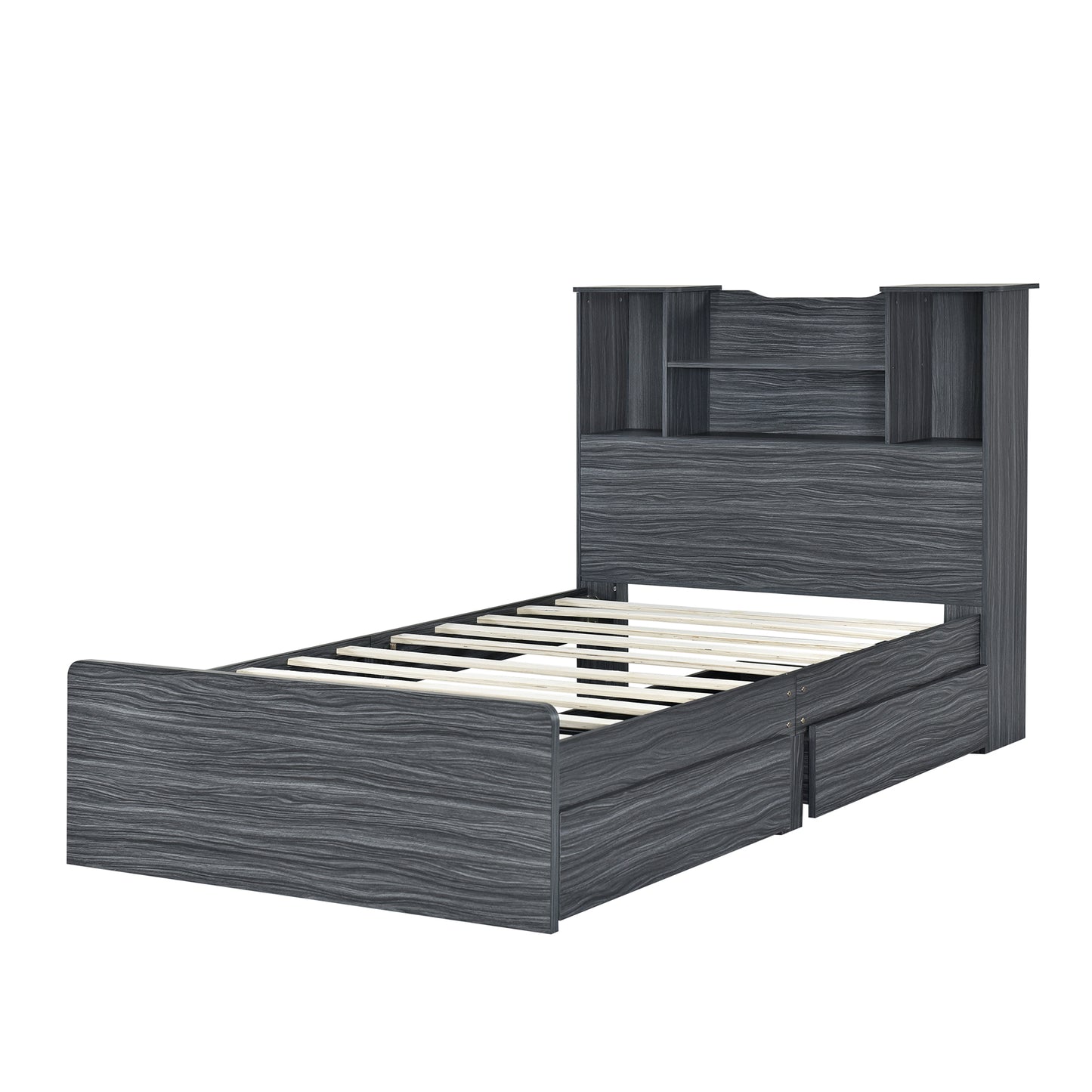 Taz Twin Size Platform Bed Frame with 4 Open Storage Shelves - Gray