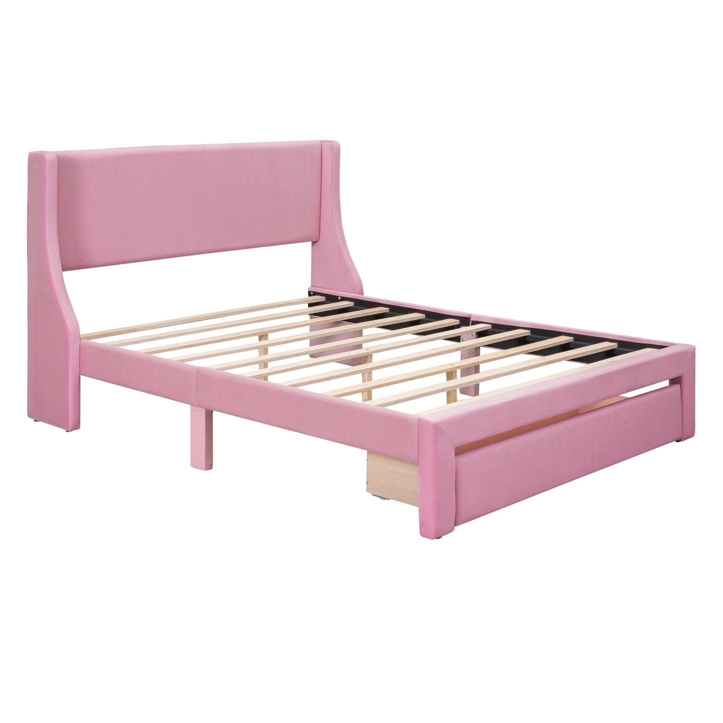 Renni Queen Size Velvet Platform Bed Frame with Drawer - Pink