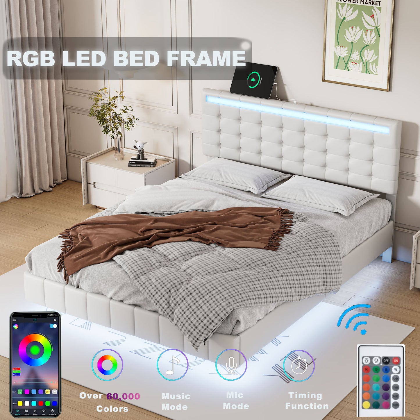 Marc Full Size Floating Bed Frame with LED - White