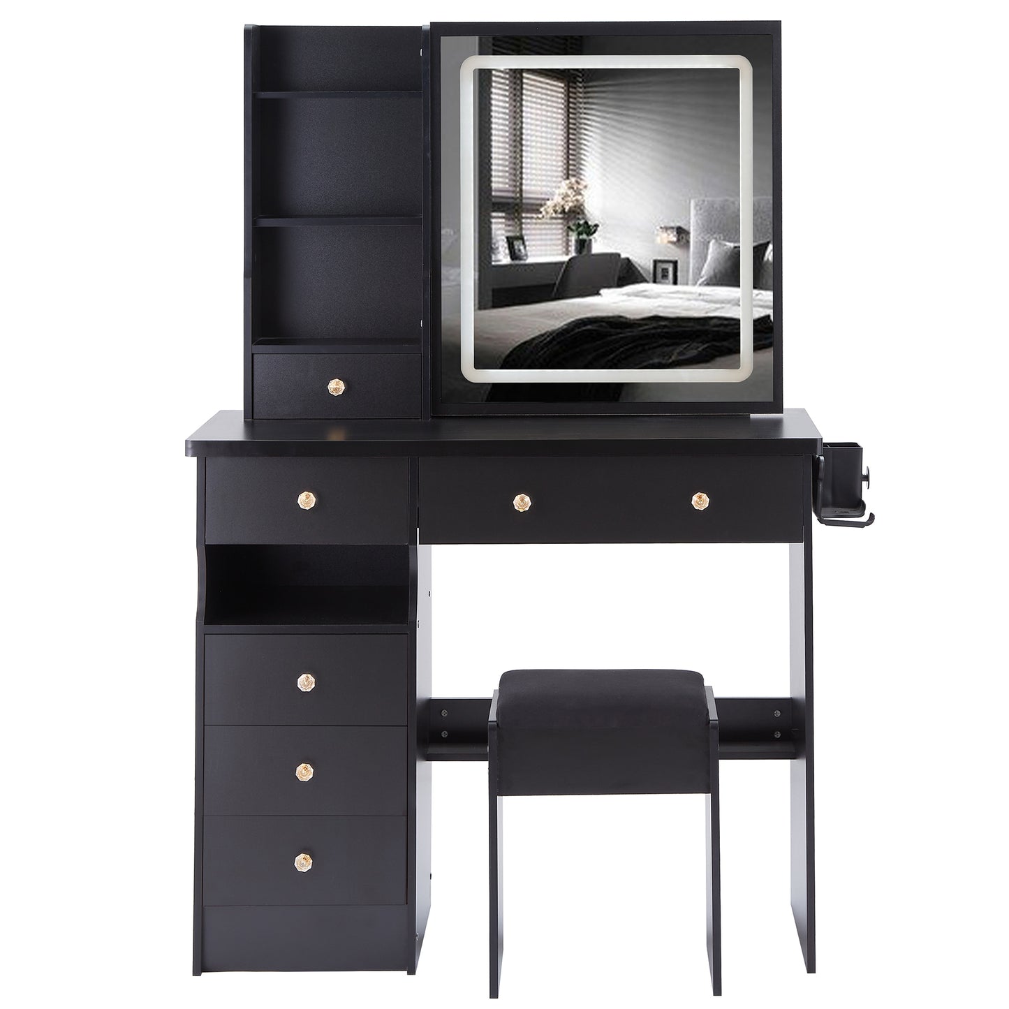 Yano Makeup Vanity Desk Set with LED Sliding Mirror - Black