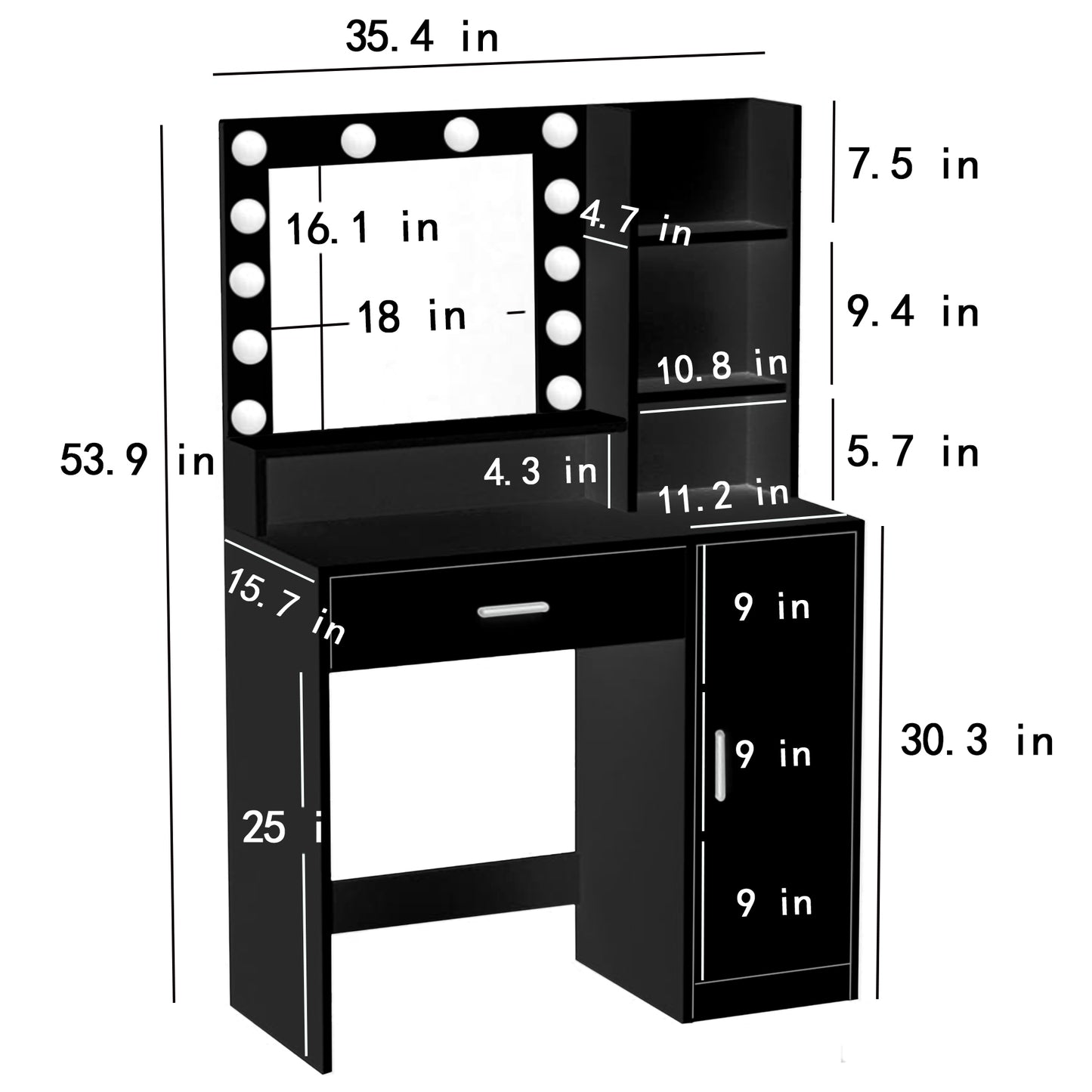 Vez Vanity Desk with Mirror & Light - Black