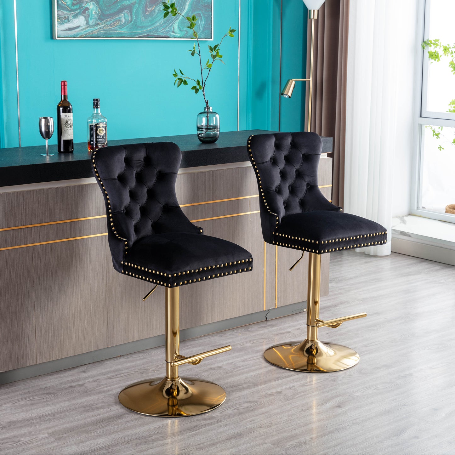 Amias Velvet Counter Height Bar Stools with Tufted  - Black Set of 2